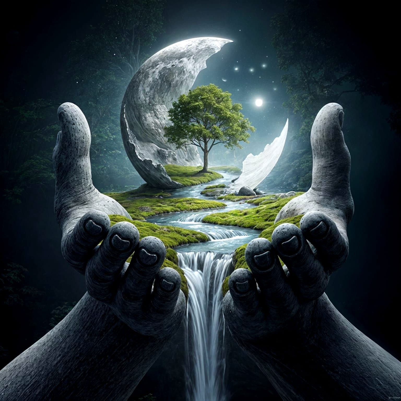 Surreal Stone Hands Holding Miniature Landscape Under Celest...