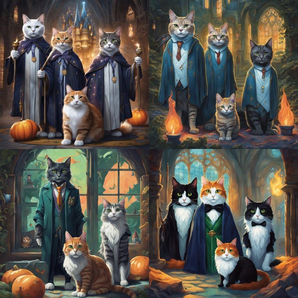 Wizard Cats Cast Spells Outside Hogwarts in Vivid Fantasy Sc...