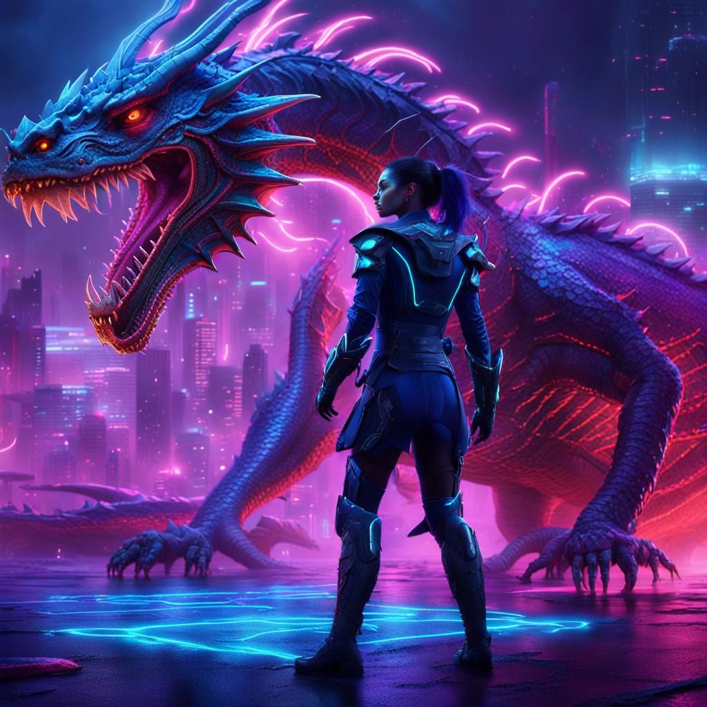 Cyberpunk Dragon Slayer in Neon Cityscape
