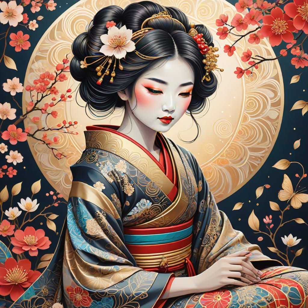 Geisha Under Cherry Blossom Tree in Whimsical Zentangle Art