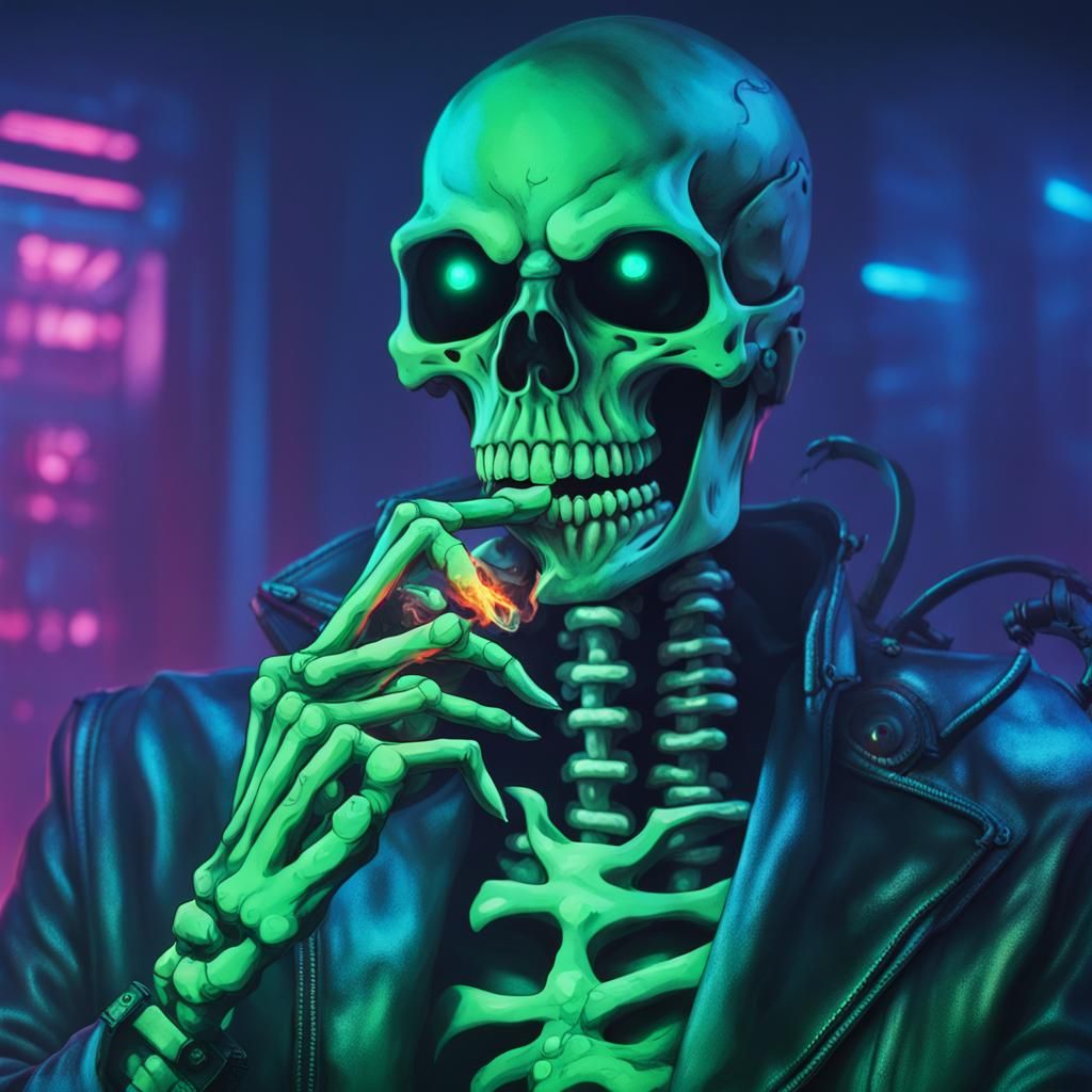 Cyberpunk Skeleton Demon Plays Video Games