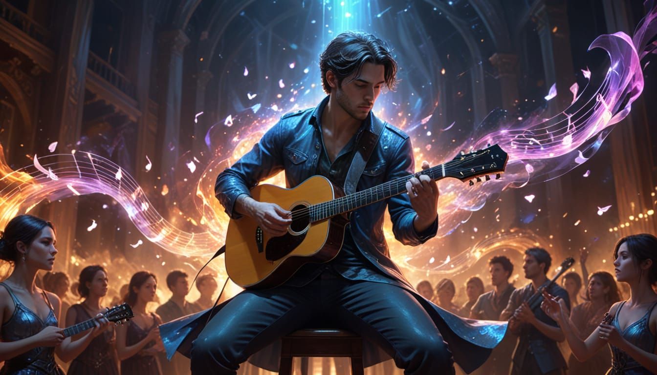 Magical Musician Playing Guitar with Light Streams