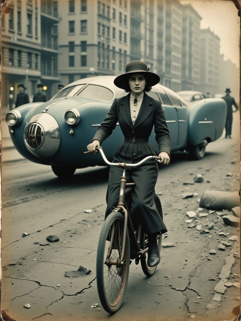 Gibson Girl in a Futuristic Post-Apocalyptic Landscape