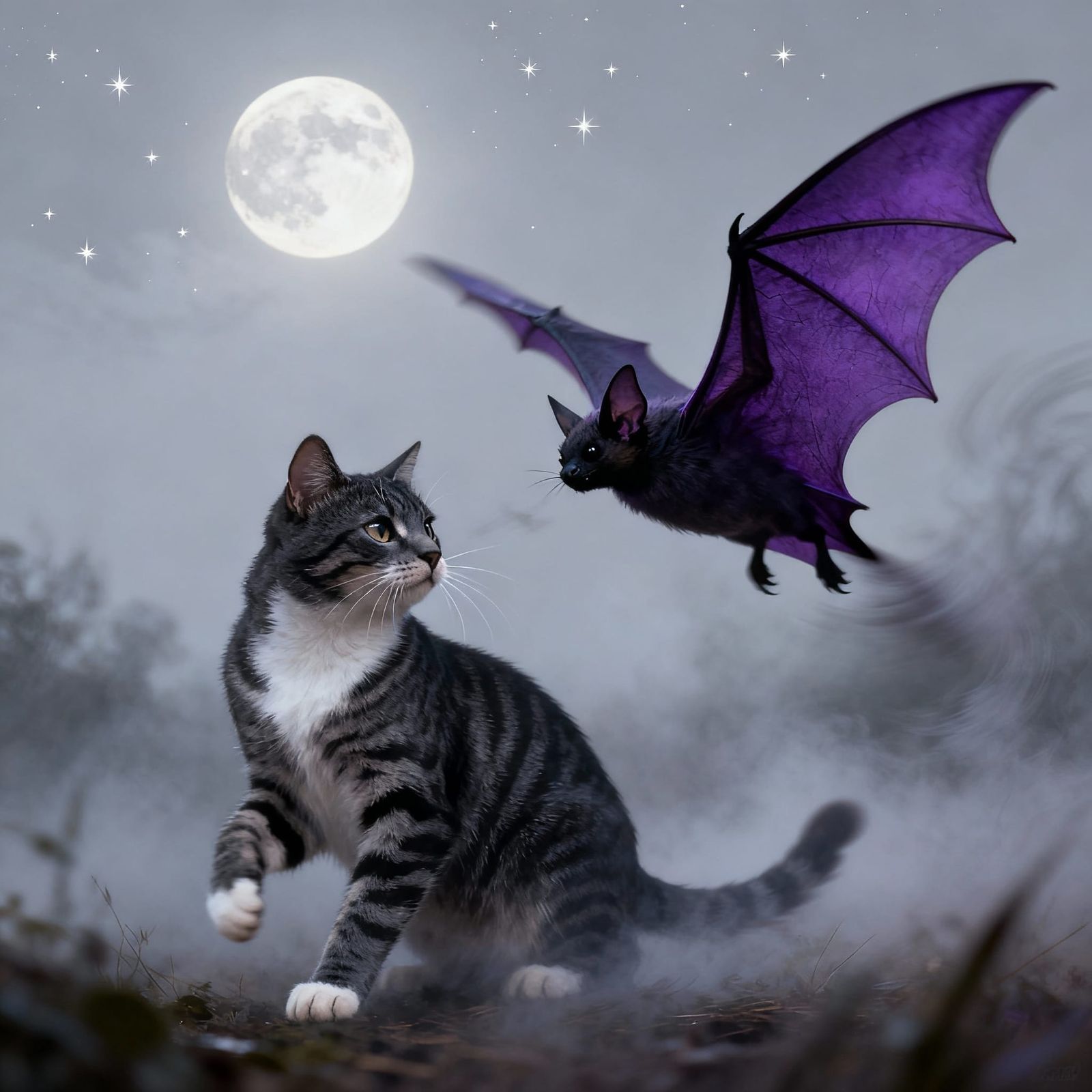 Cat and Bat Under Full Moon in Misty Night