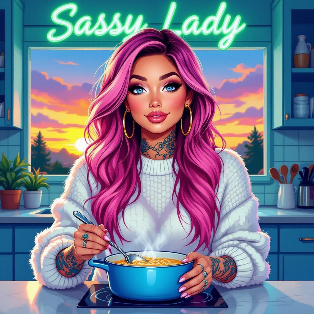 Sassy Pink-Haired Lady Cooking at Sunset