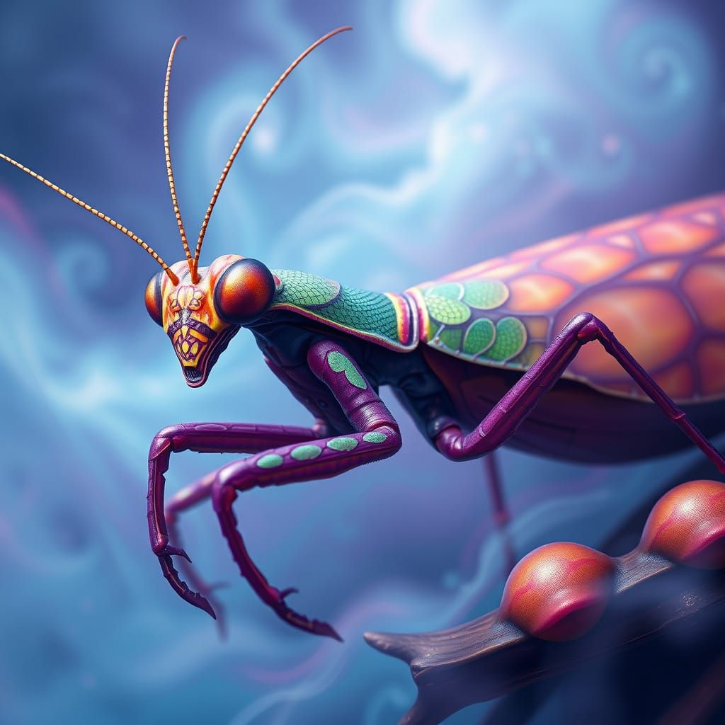 Giant Mantis in Iridescent Dragon Fruit Landscape