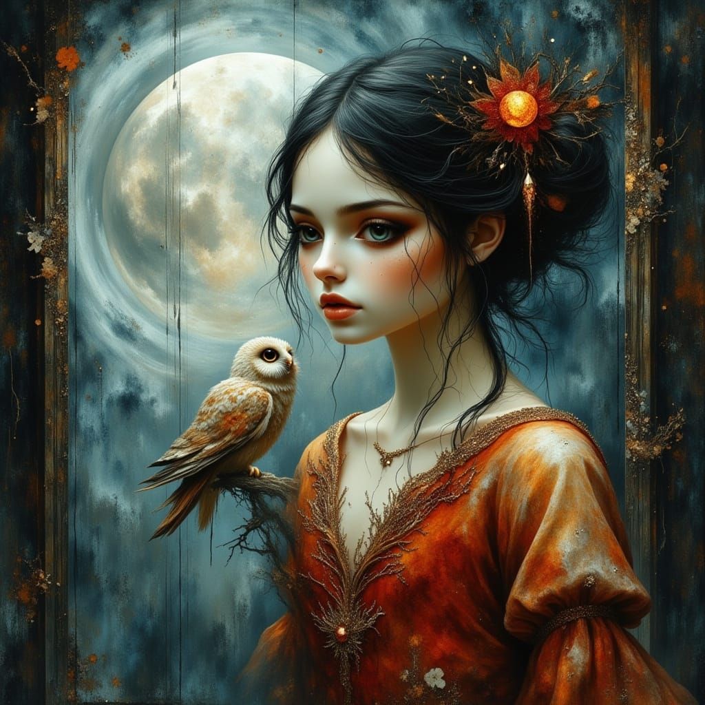 Dreamlike Woman with Owl in Burton-esque Style