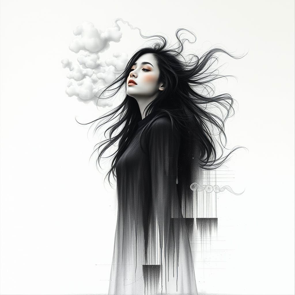 Surreal Snowy Landscape with Figure in Charcoal