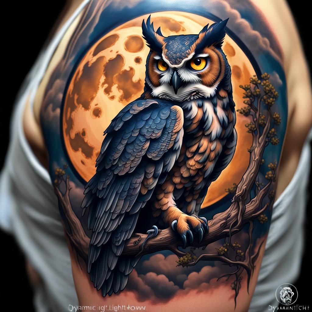 Great Horned Owl Tattoo Design in Dark Fantasy Style