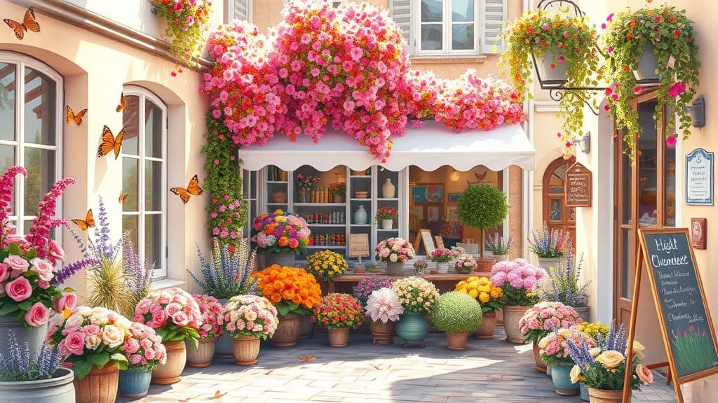 Dreamlike French Flower Shop in Autumn Watercolor Style
