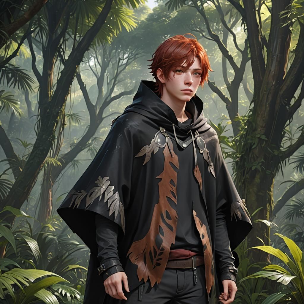 Anime Teen in Jungle with Animal Hide Poncho