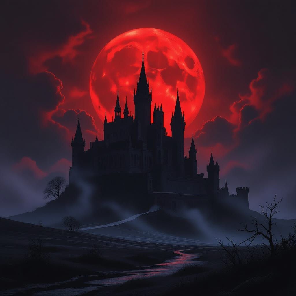 Gothic Castle Under Blood Moon