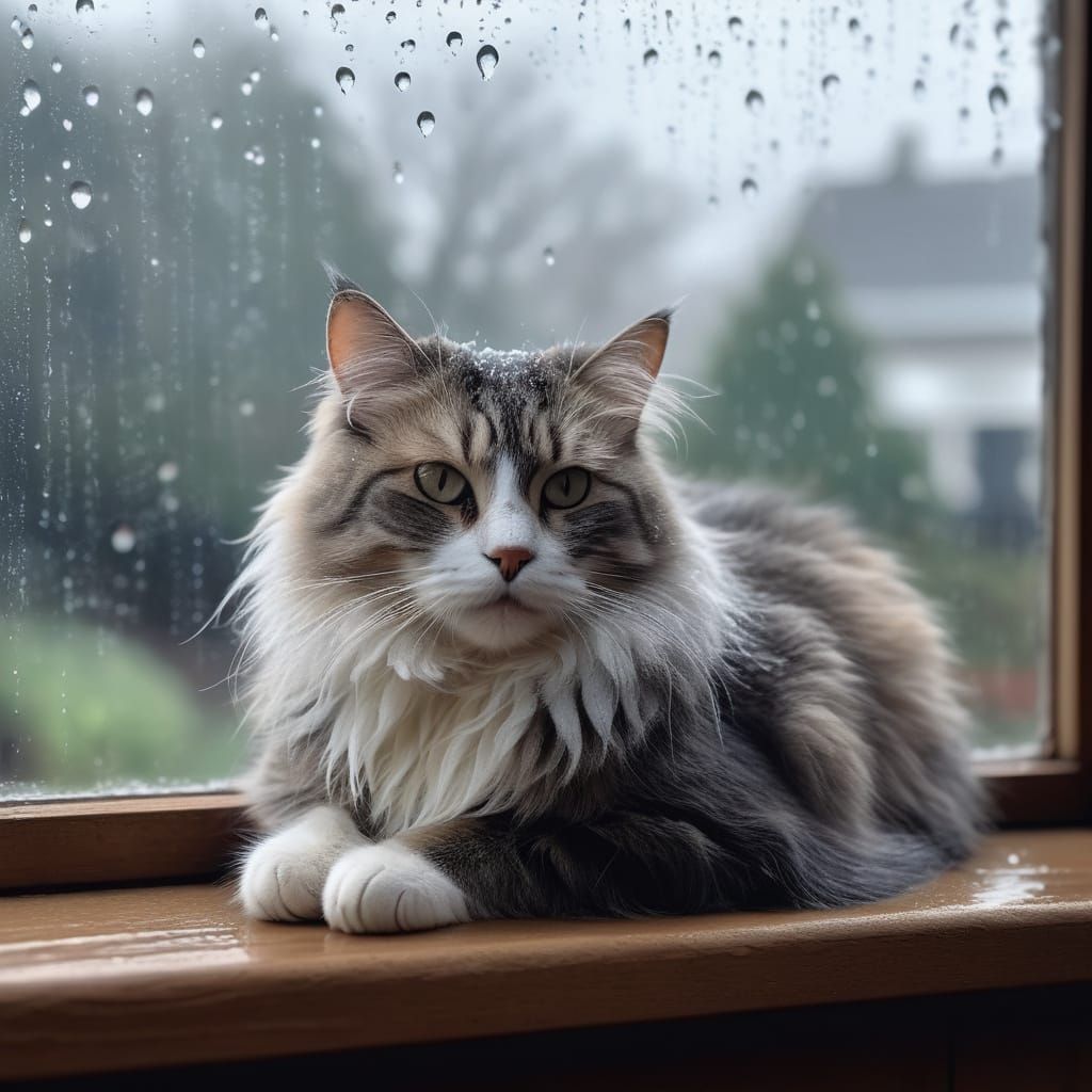 Cute Cat by Window on Rainy Winter Day
