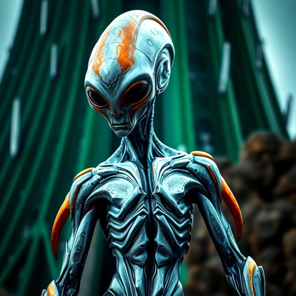 Hyperrealistic Anthropomorphic Silver Alien with Copper Acce...