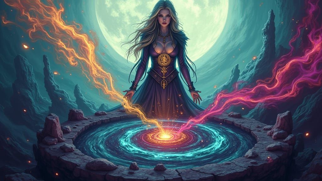 Powerful Lady Mage Conjuring Elemental Vortex