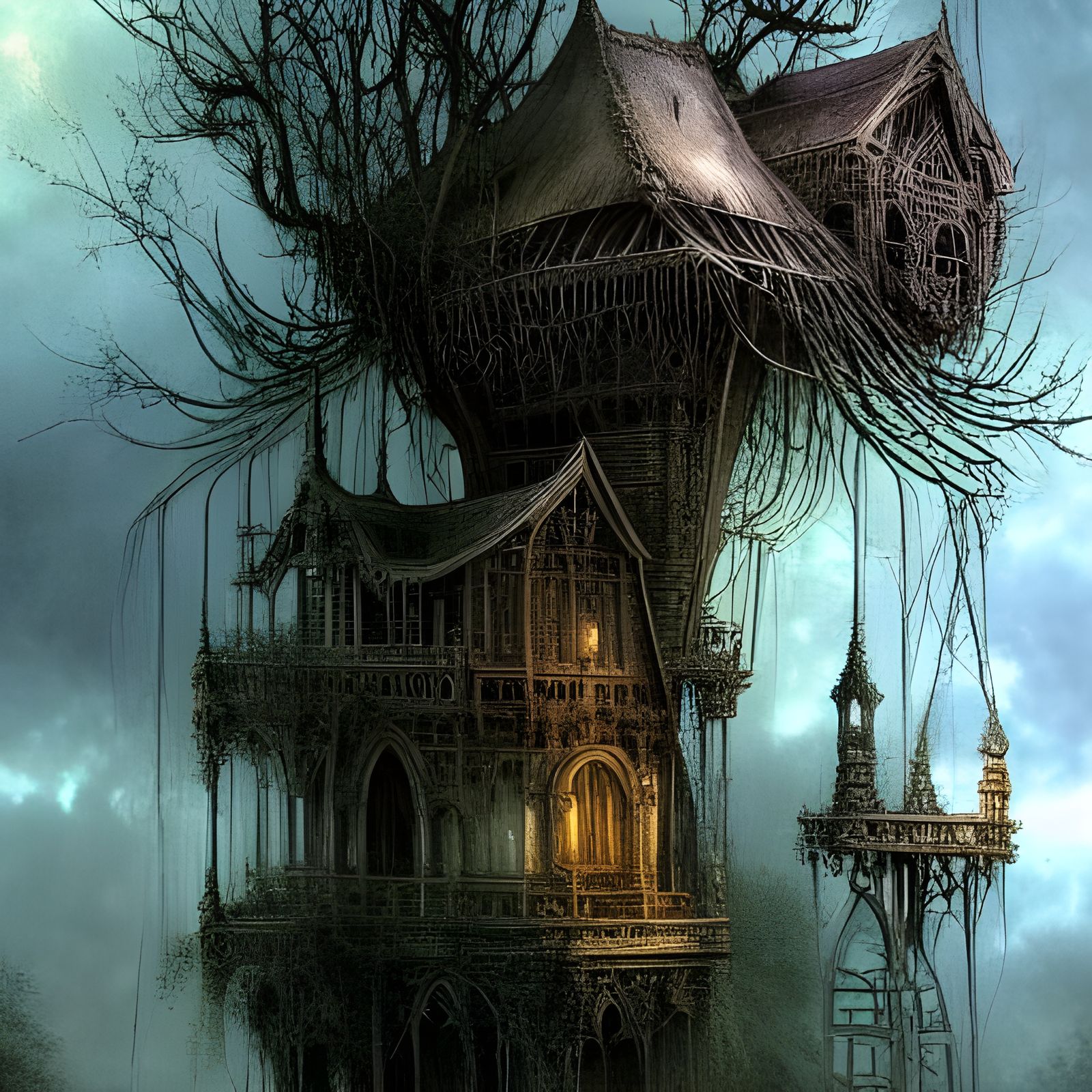 Dark Fantasy Treehouse Village in Gothic Style