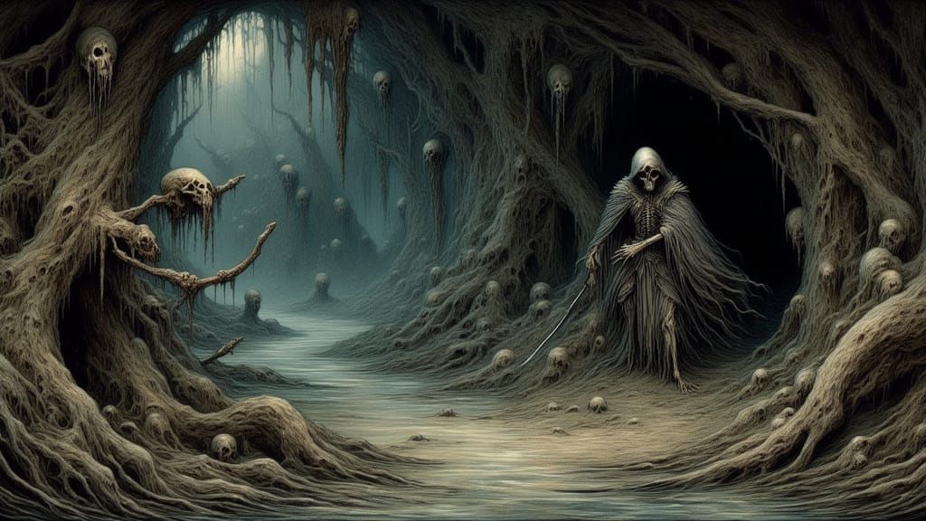 Skeletal Barbarian Emerges from Dark Fantasy Cave