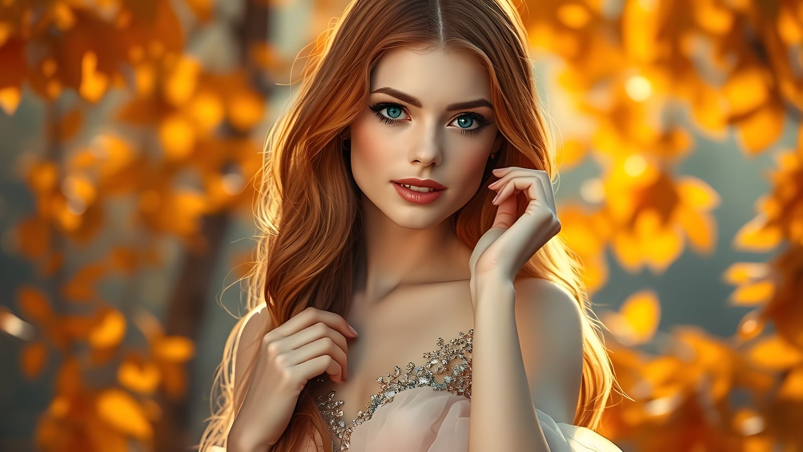 Beautiful Woman in Autumn Landscape with Vivid Colors