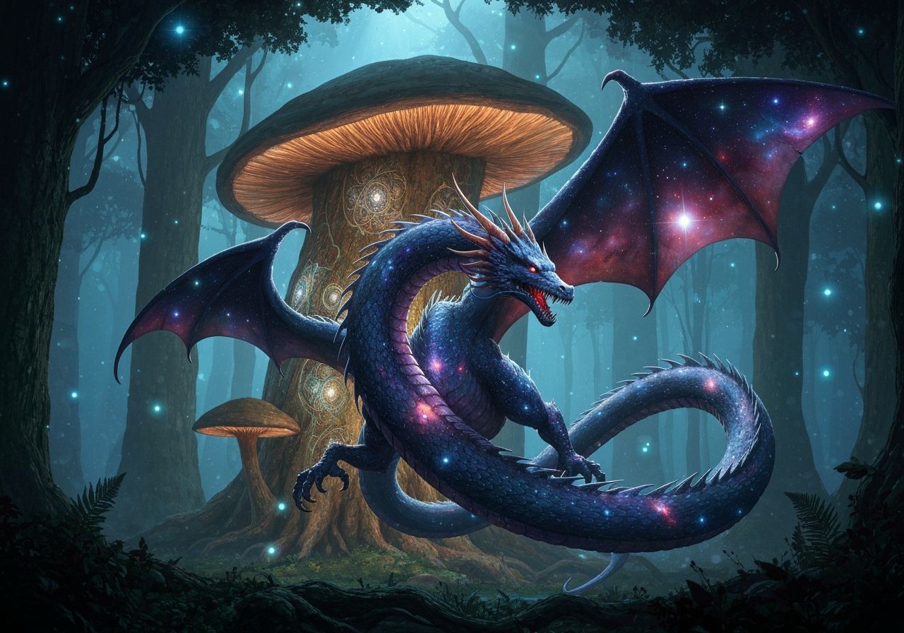 Cosmic Dragon & Giant Mushroom Tree in Bioluminescent Forest