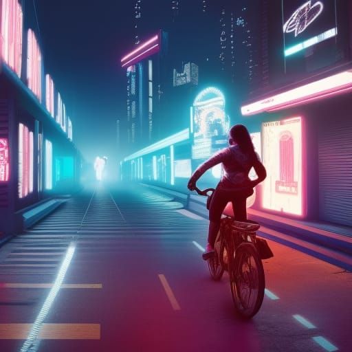 Girl Rides Bike Through Cyberpunk Shanty Town