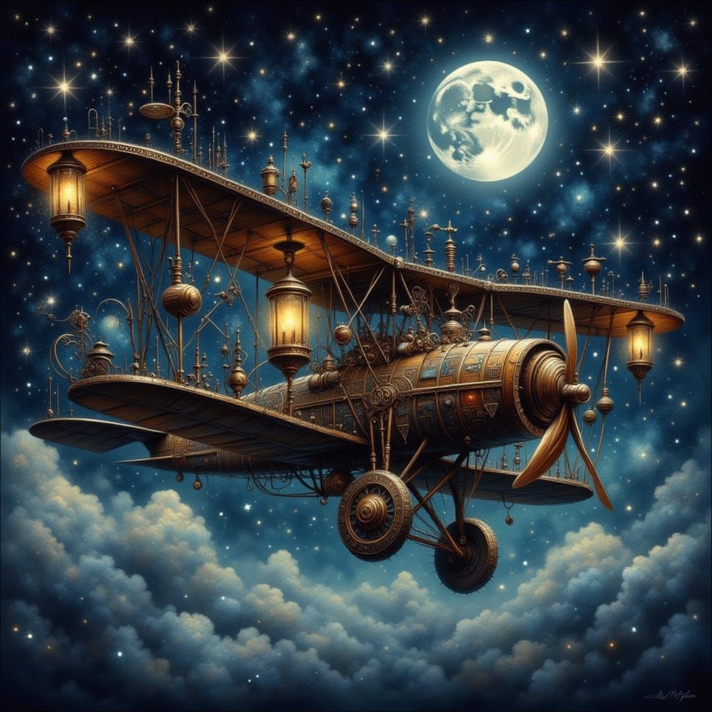 Steampunk Biplane Soaring Through Starry Night