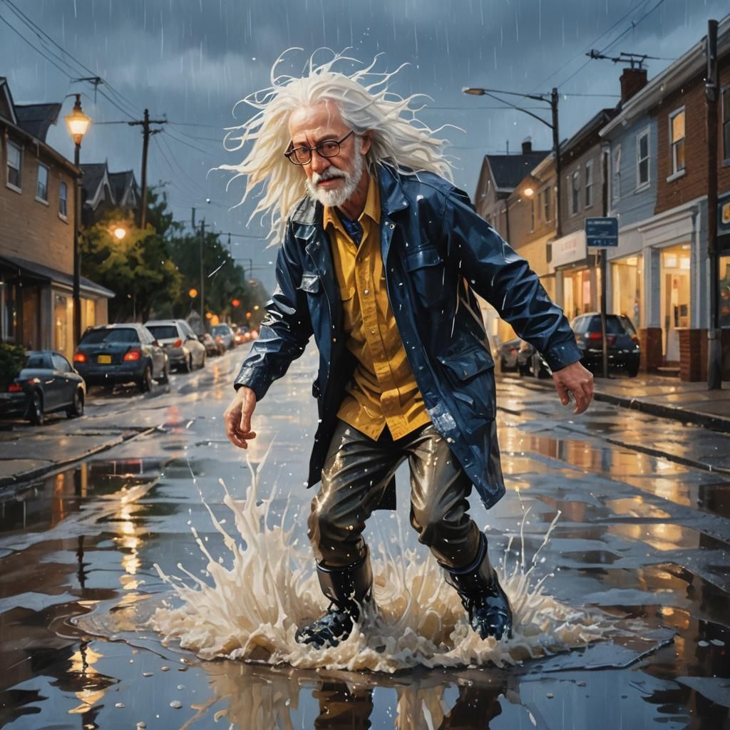 Man Splashing in Puddle as Gouache Painting