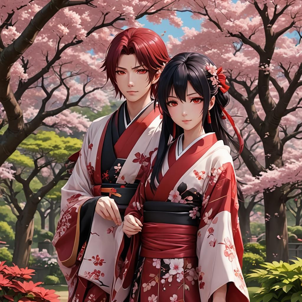 Sakura in Crimson Kimono: Detailed 3D Anime Art