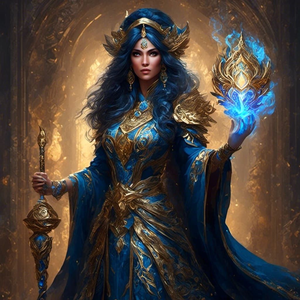 Sorcerer Portrait with Magical Staff and Embroidered Robe