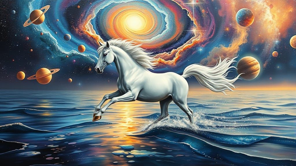 Majestic Horse Gallops Through Cosmic Ocean