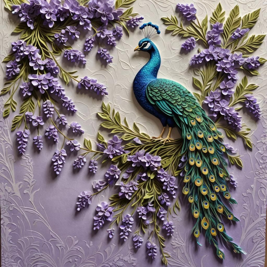 Embossed Peacock and Wisteria on Textured Paper