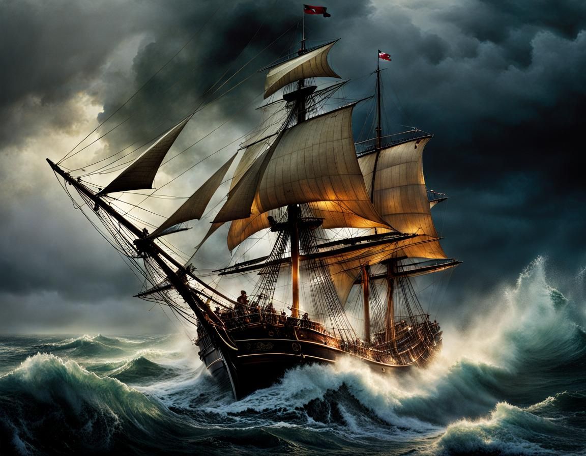 Pirate Ship Navigating a Violent Stormy Sea