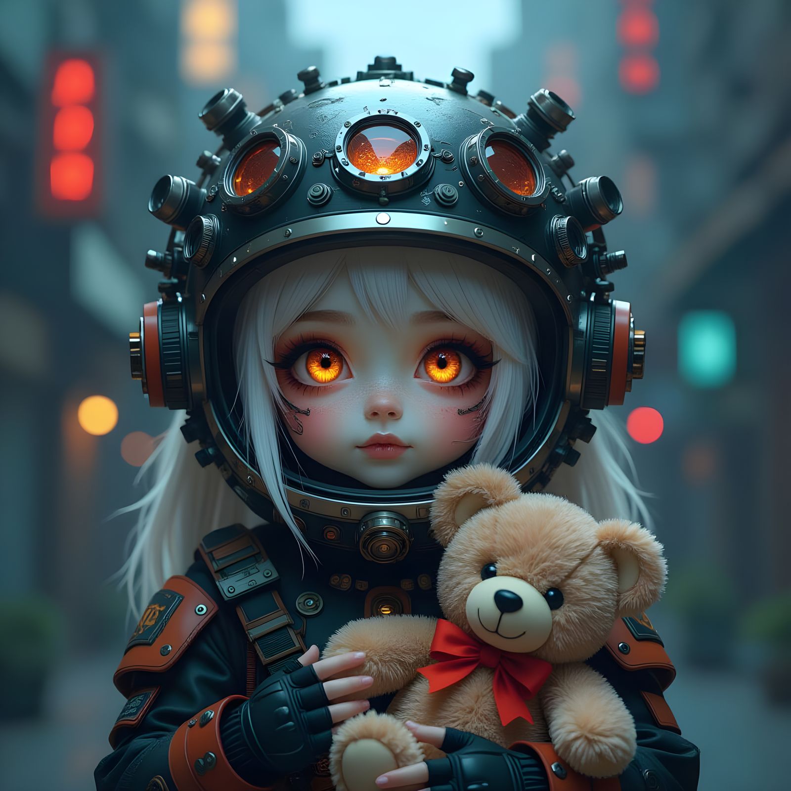 Cyberpunk Girl with Glowing Eyes and Space Helmet