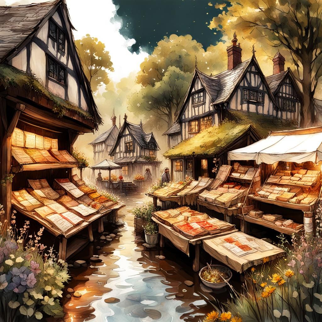 Cottagecore Farmers Market by River in Impressionist Style