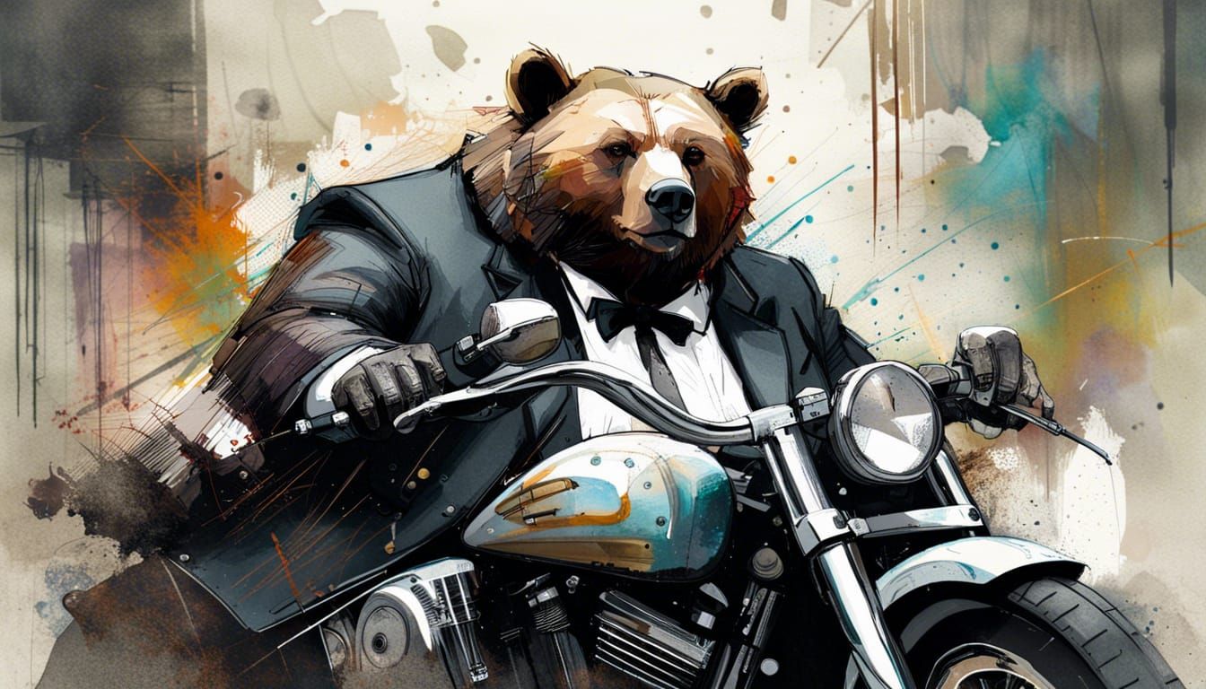 Obese Bear in Tuxedo on Harley, Trading Card Style