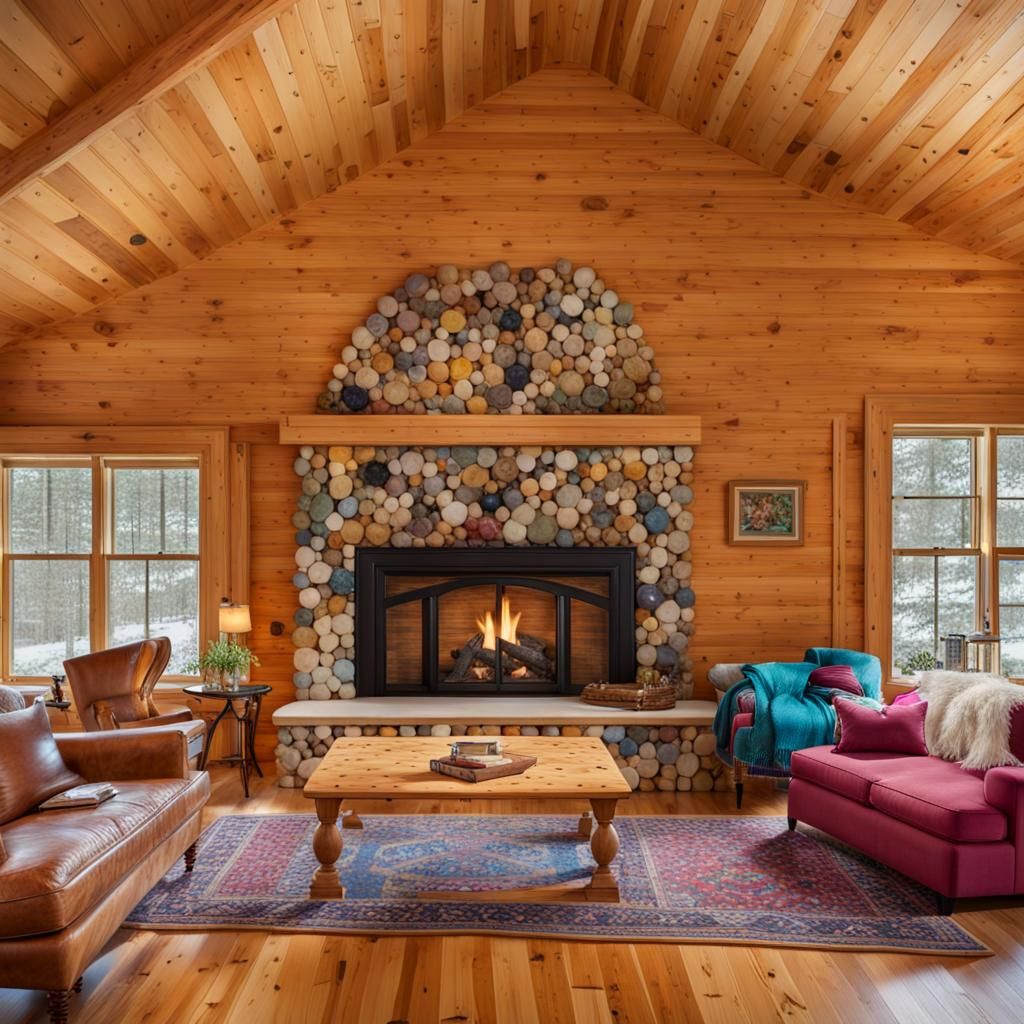 Gemstone Fireplace in Knotty Pine Living Room