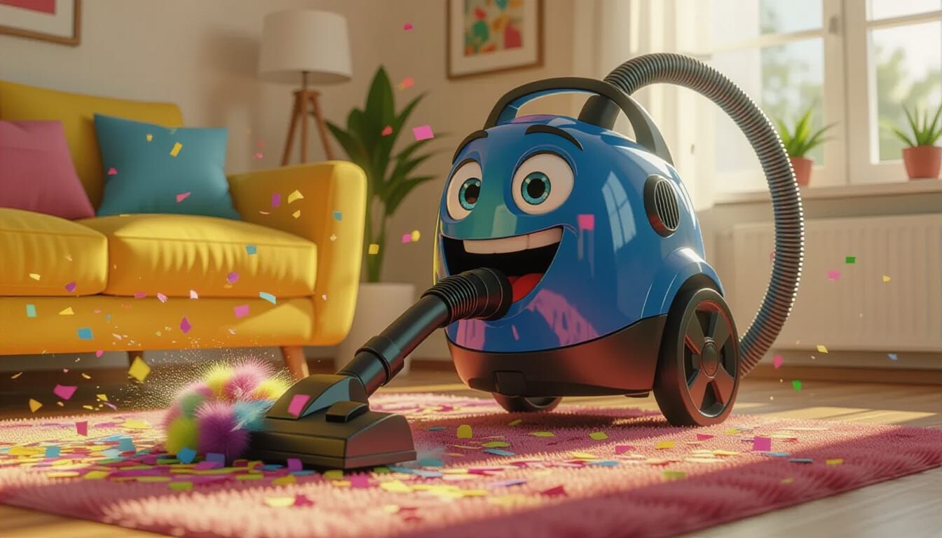 Anthropomorphic Vacuum Cleaner Sucking Up Dust and Confetti