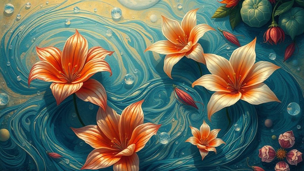 Psychedelic Fusion: Water and Flowers in Art Nouveau Style