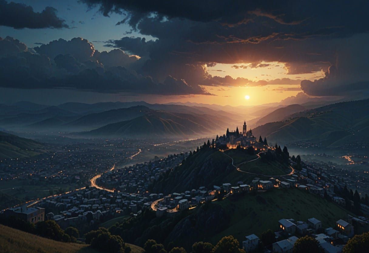 Hopeful City on a Hill in Vibrant Oil Painting Style