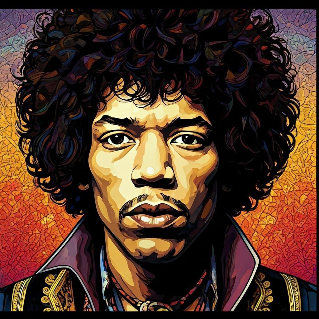 Jimi Hendrix Stained Glass Portrait in Psychedelic Style