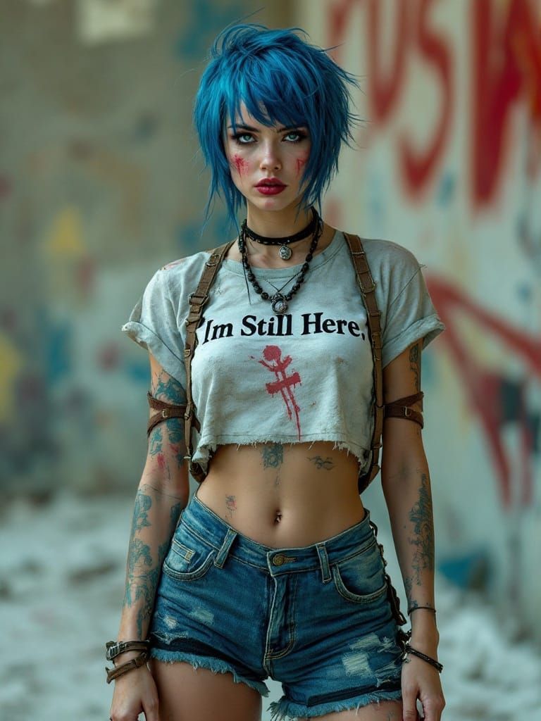 Defiant Blue-Haired Woman in Post-Apocalyptic Style