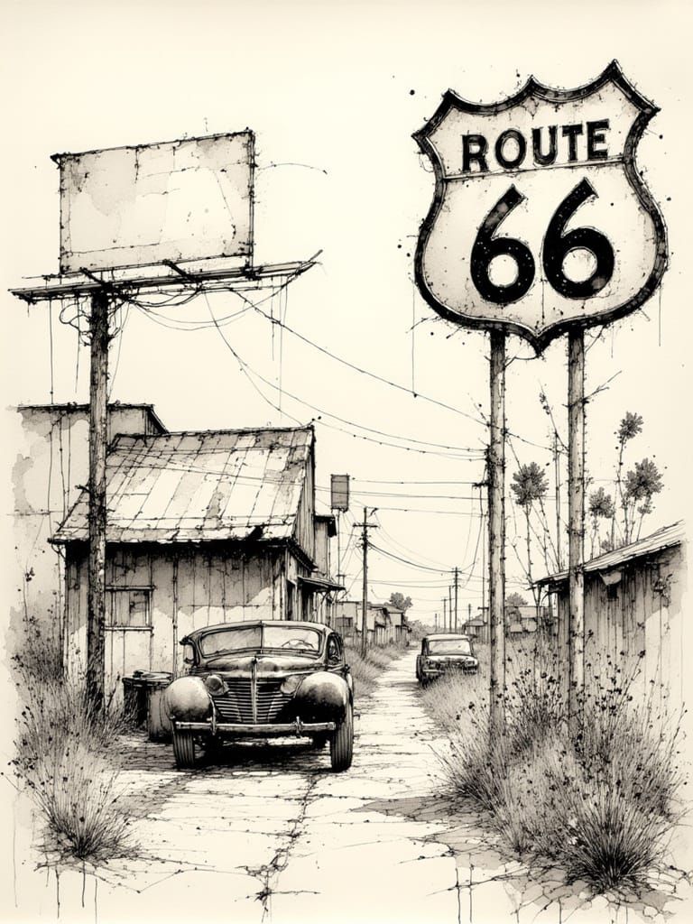 Route 66 Iconic Signage in Vintage Americana Style