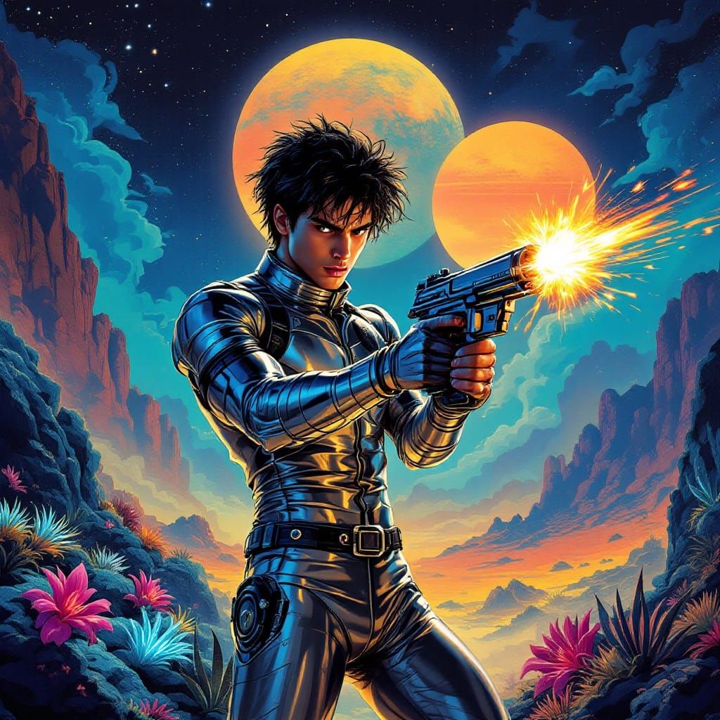 Retro-Futuristic Hero Embarks on Alien Quest