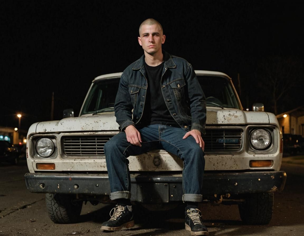 Man Sits on Truck Hood