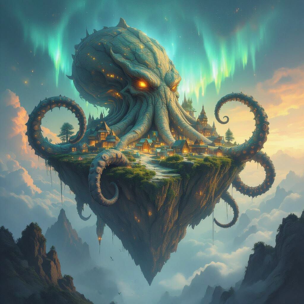 Petrified Kraken Island with Bioluminescent Villages