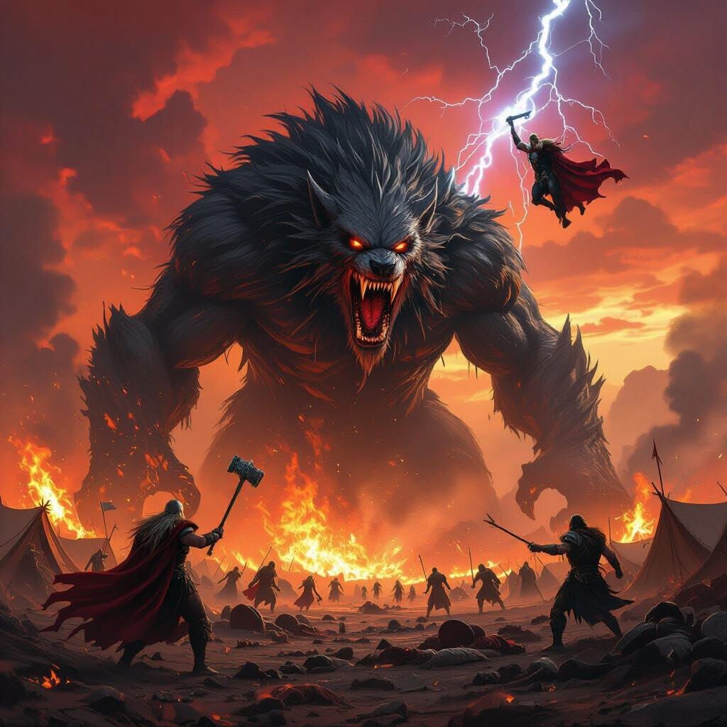 Thor Battles Fenrir on a Burning Battlefield