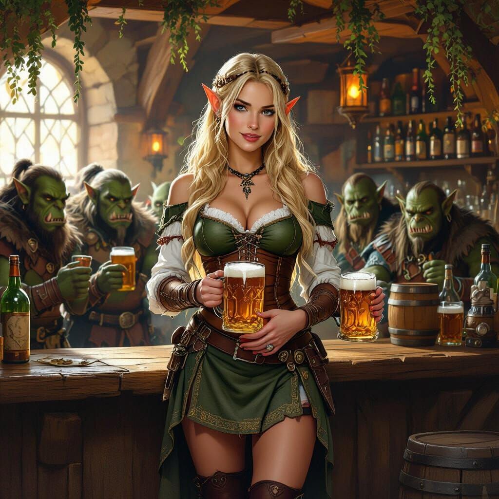 Elf Waitress in Medieval Tavern, Fantasy Art