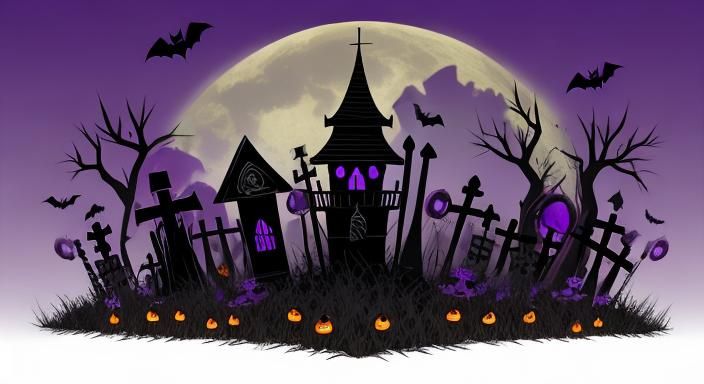 Halloween Graveyard with Purple Shading and Black Background
