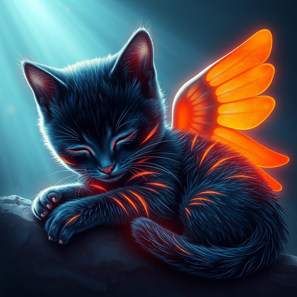 Winged Kitten with Fluorescent Stripes in Astral Illustratio...