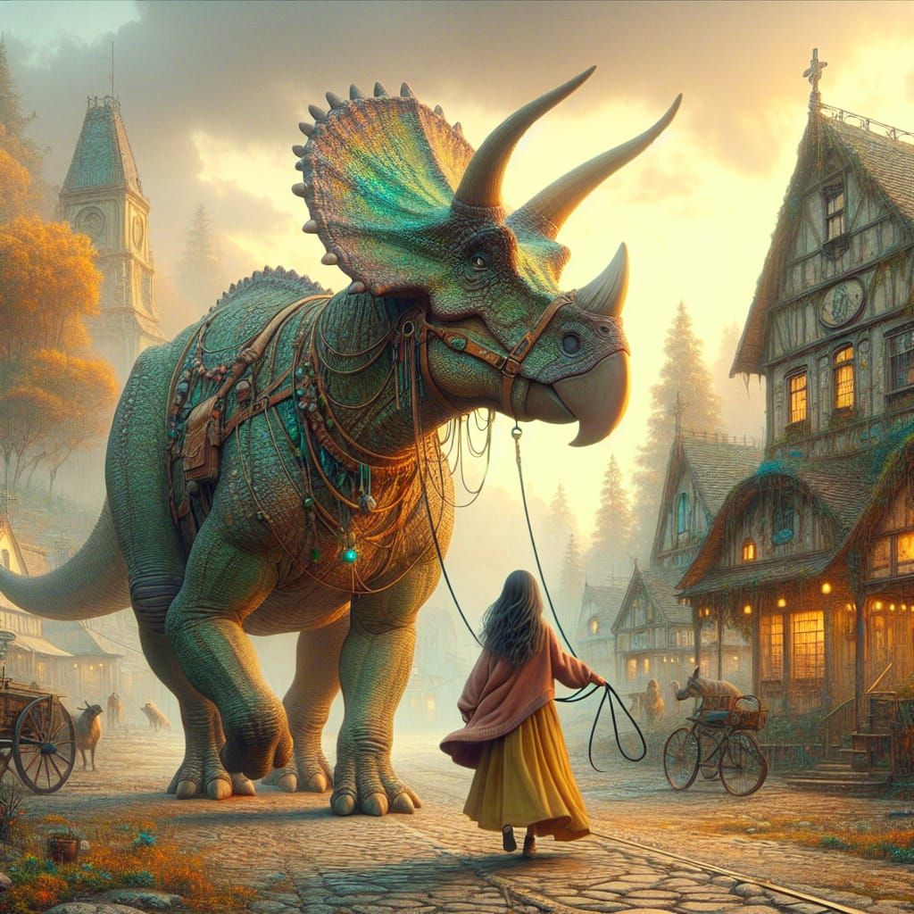 Girl Walks Triceratops in Art Nouveau Style