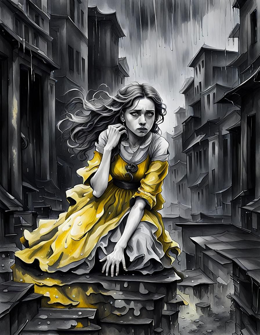 Sad Girl in Yellow Dress, Grayscale Watercolour